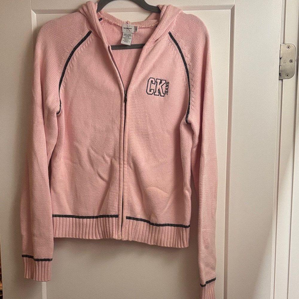 Vintage Calvin Klein Women's 100% Cotton Pink Zip-Up knit sweatshirt